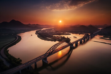Aerial view of beautiful sun shining on the bridge and river