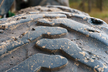 A large tire close-up from a truck. A huge dump truck in the forest. A truck for transporting wood...