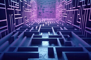 complex maze occupying an entire room with different paths and dead ends. Generative AI