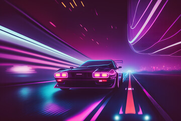 Plakat Futuristic retro wave synth wave car. Neural network AI generated art