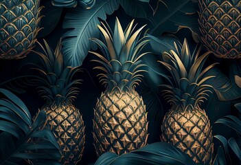 Seamless pattern with gold pineapples. Summer tropical background. Generative AI