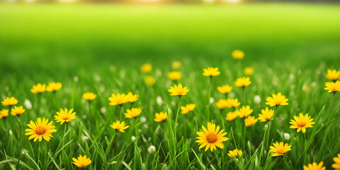 Spring landscape, blossoming field with green grass and yellow flowers. Nature illustration. Generative AI