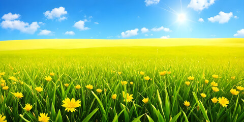 Obraz premium Spring landscape, blossoming field with green grass and yellow flowers, blue sky with sun and clouds. Nature illustration. Generative AI