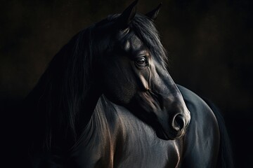 close up portrait of a majestic horse against a dark background. Generative AI