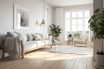 Naklejka na ściany i meble cozy living room with natural light from a large window. Generative AI