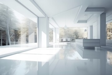 Fototapeta premium an empty room with a large window and a bench. Generative AI