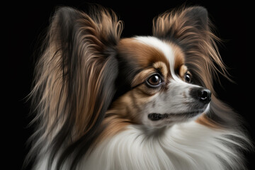 Generative AI. Portrait of a cute tricolor papillon. Continental spaniel dog