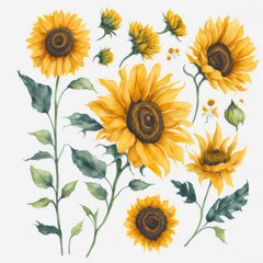 set of many different sunflowers in watercolor artstyle. Generative AI