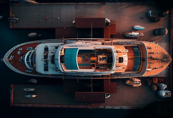 luxury motor boat, rio yachts italian shipyard, aerial view. Generative AI