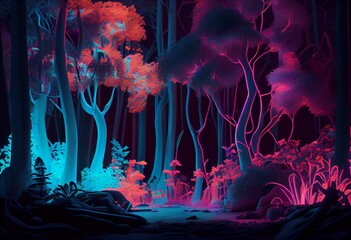 Fototapeta na wymiar Fantasy of neon forest glowing colorful like fairytale. (Created with technology). Generative AI