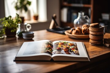 Fototapeta na wymiar A photo of a cookbook in focus on wooden kitchen table. Generative ai