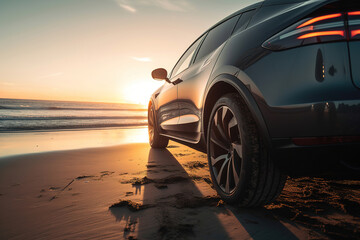 Fototapeta na wymiar modern electric car standing on beach near ocean on sunset. Generative ai
