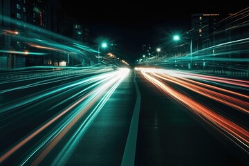 Fototapeta na wymiar bustling city street at night with blurred lights and movement. Generative AI