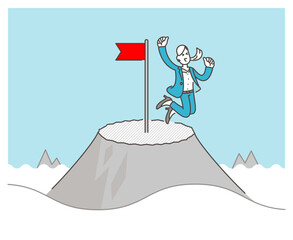 Female businessperson rejoicing at the top of a mountain. Concept of success and achievement at work [Vector illustration].