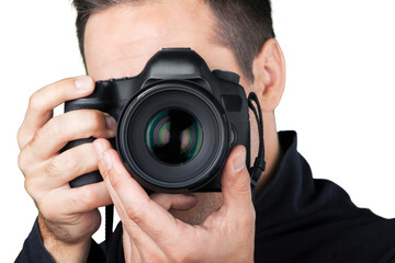 Male Photographer with Camera on light background