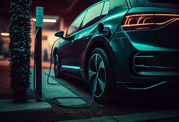 Fototapeta na wymiar green ecological electric car charging in parking lot. Generative AI