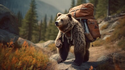 Bear wearing backpack, trekking and exploring wilderness. Bear hunt. Generative AI.
