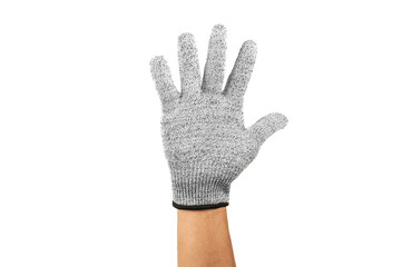 Hand in glove on white background.