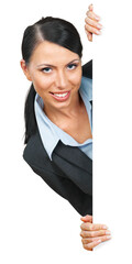 Woman with blak card isolated on white background