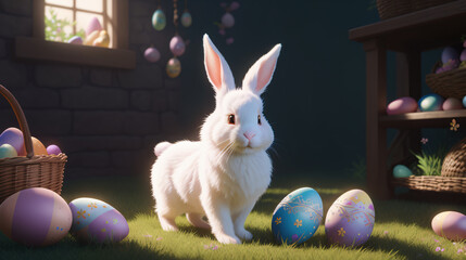 Easter Bunny with eggs AI generated using Generative AI.