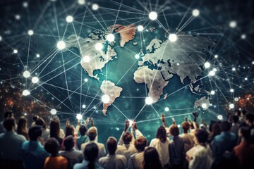 diverse group of people standing in front of a world map. Generative AI