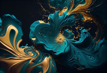 Fototapeta na wymiar Paint Swirls in Beautiful Teal and Blue colors, with Gold Powder. Luxurious Design Background. Generative AI