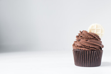 Chocolate cupcake with dark chocolate buttercream, double chocolate cupcakes with american buttercream, tall swirl frosting on a cupcake with a wafer