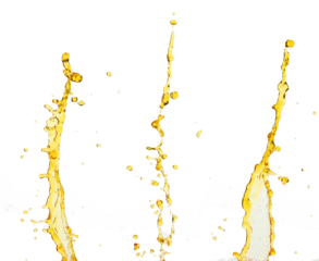 Orange, lemon juice or oil lubricant splash, liquid gold yellow drink drops. Fruit beverage water elements in line form . Fresh splashing and flowing jets, white background isolated freeze motion