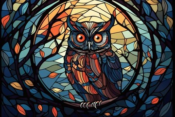 an owl perched on a branch in front of a colorful stained glass windo. Generative AI