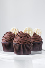 Chocolate cupcake with dark chocolate buttercream, double chocolate cupcakes with american buttercream, tall swirl frosting on a cupcake with a wafer