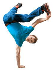 Young sporty man in blue clothes dance