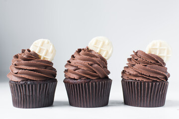 Chocolate cupcake with dark chocolate buttercream, double chocolate cupcakes with american buttercream, tall swirl frosting on a cupcake with a wafer