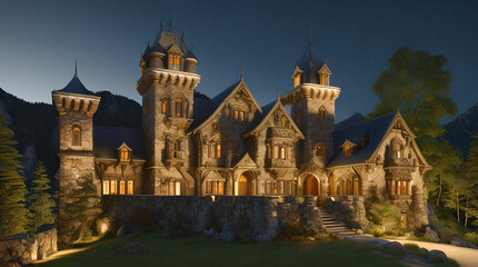 Fototapeta na wymiar Illustration of a Renaissance style mansion in the mountains on a autumn night- AI Generated