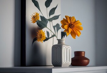 a painting of a vase with a yellow flower in it on a shelf next to a white wall and a white wall. Generative AI