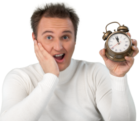 Young Man In White Sweater Presenting Alarm Clock Close-up - Isolated