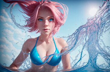 Beautiful young woman with pink hair and blue eyes in water splashes. Generative AI.
