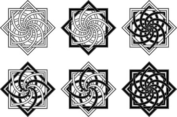 Fototapeta premium Circular spiral geometric ornament set. Stylized contour and filled ornaments. Tattoo, print, engraving, design elements