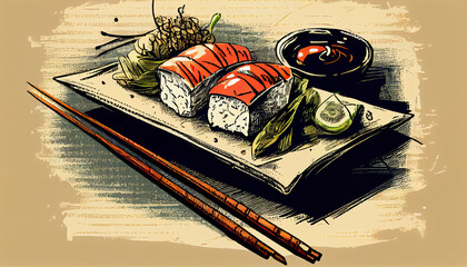 Sushi and chopsticks sketch. Asian food sketch vintage vector illustration