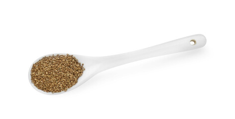 Spoon of celery seeds isolated on white, top view