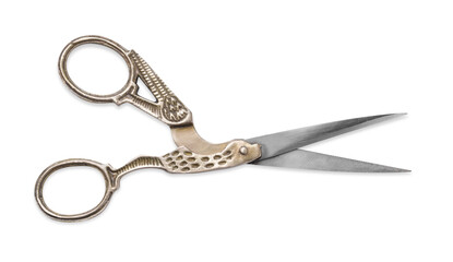 Beautiful scissors with bird shaped handles on white background, top view