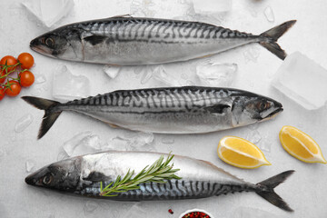 Raw mackerel, tomatoes and lemons on light gray table, flat lay