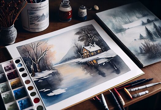 Watercolor winter scenery. Background. Generative AI