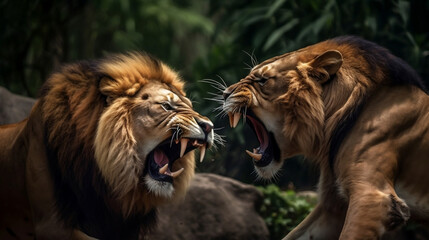 2 male lions fighting over each others turf.