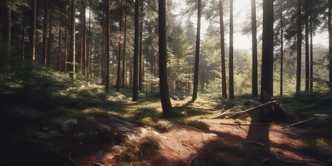 Obraz premium Sunbeams in the dark forest. Deep forest tree. Morning in colorful forest with sunbeams through tree branches. Beautiful forest with various trees. Generative AI