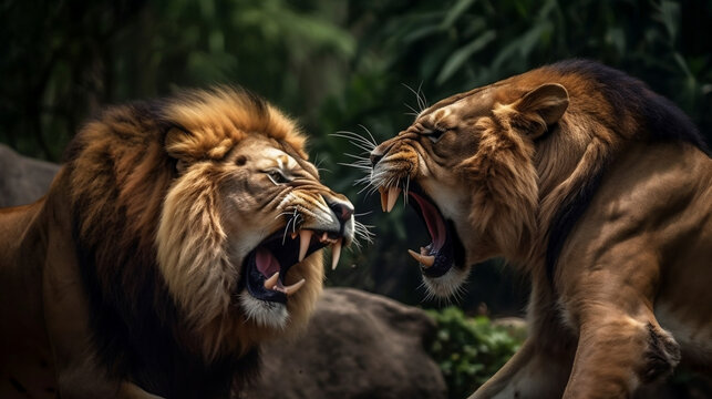 2 male lions fighting over each others turf.