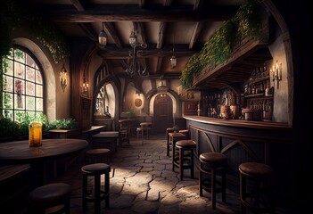 Fototapeta na wymiar Wide panorama 3D illustration of fantasy medieval tavern bar. Generative AI