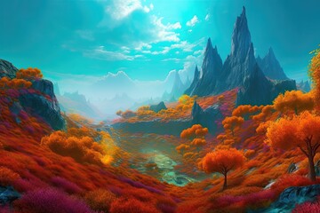 Fototapeta na wymiar The vibrant colors of the fantasy landscape were like a painting come to life. Generative AI