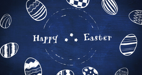 Composition of happy easter text and white decorated easter eggs on dark blue background