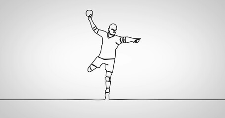 Image of drawing of male handball player with ball on white background