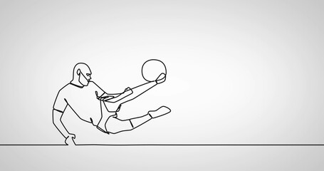 Image of drawing of male soccer player kicking ball on white background